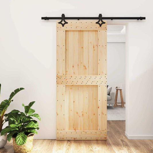 Sliding Door Natural and Black 90 x 210 cm Solid Pine Wood