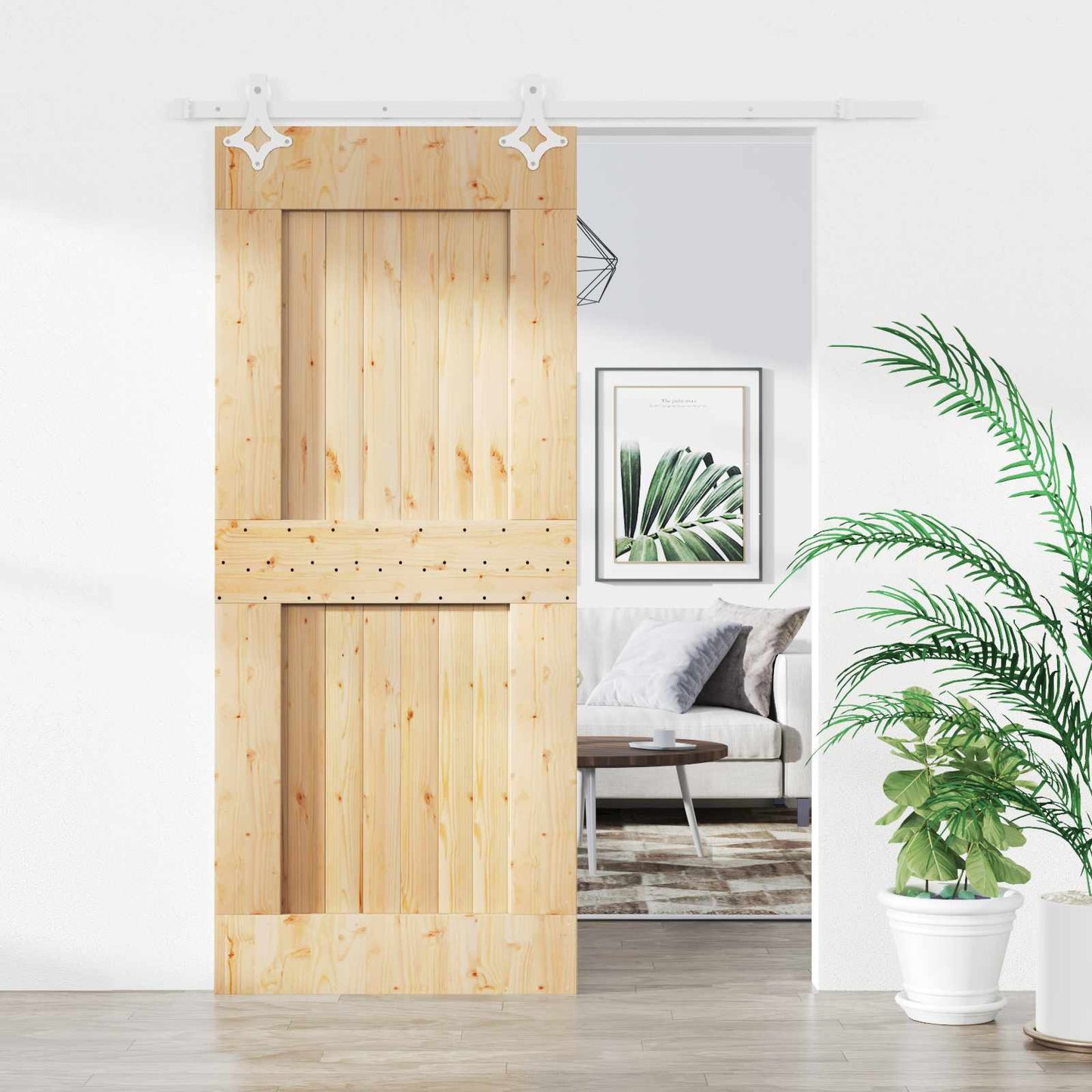 Sliding Door Natural and White 90 x 210 cm Solid Pine Wood