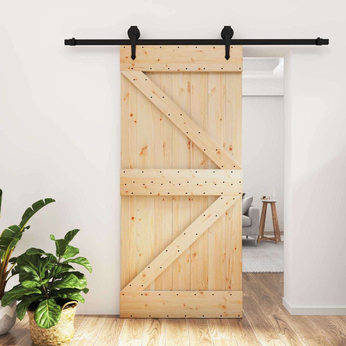 Sliding Door Natural and Black 95 x 210 cm Solid Pine Wood