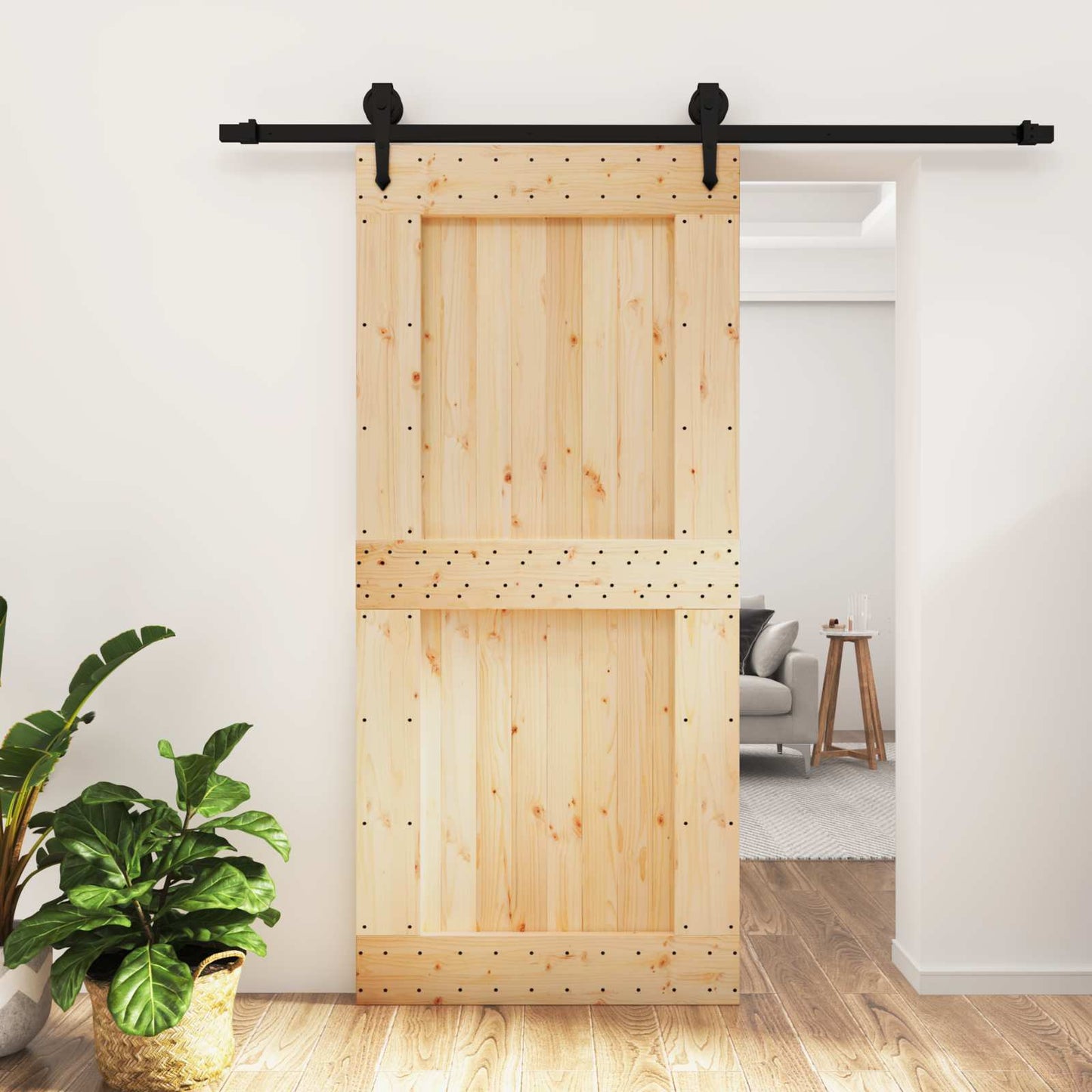 Sliding Door Natural and Black 95 x 210 cm Solid Pine Wood