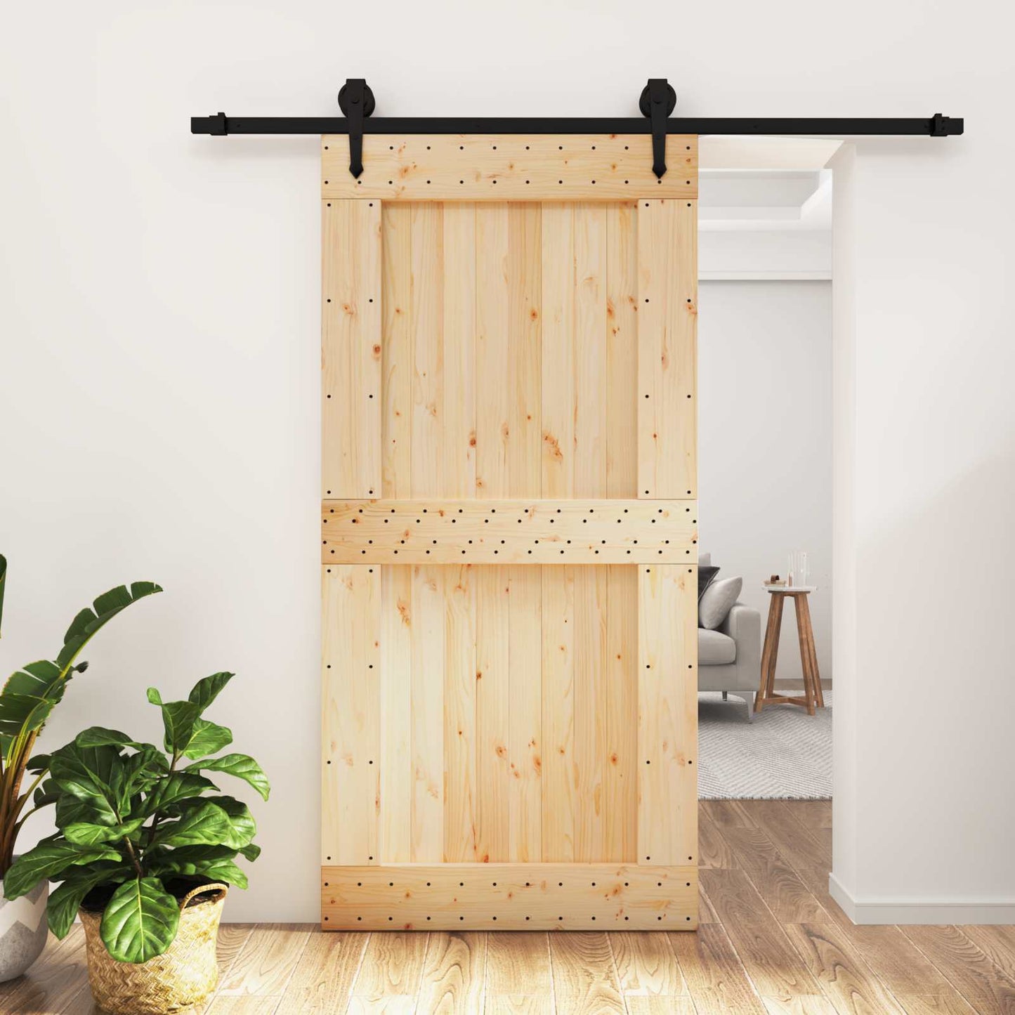 Sliding Door Natural and Black 100 x 210 cm Solid Pine Wood