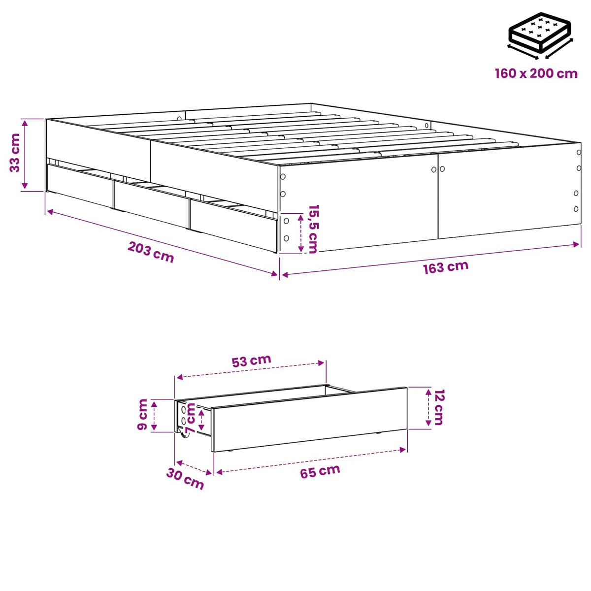 Bed Frame with Storage Artisan Oak 160 x 200 cm Engineered wood