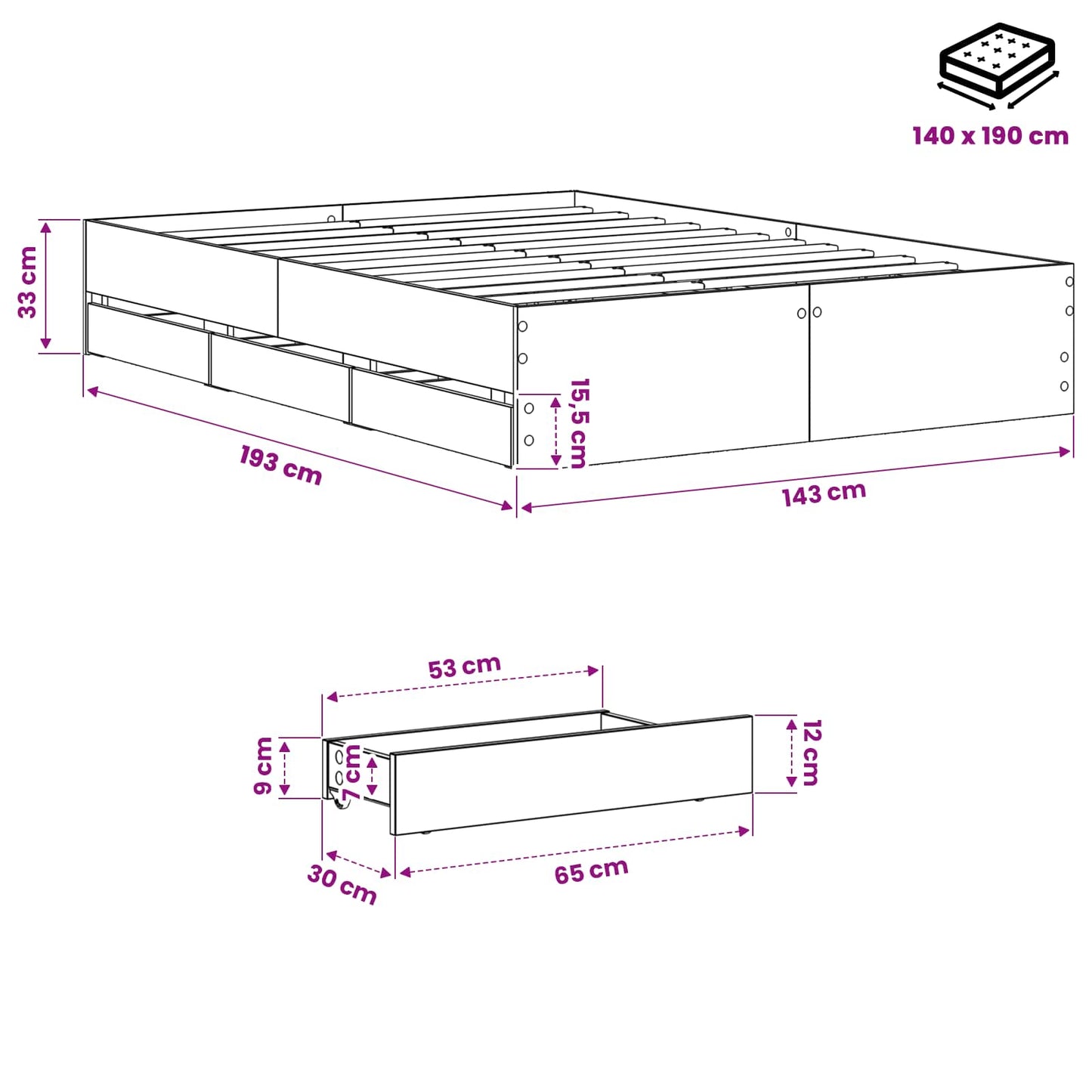 Bed Frame with Storage Artisan Oak 140 x 190 cm Engineered wood