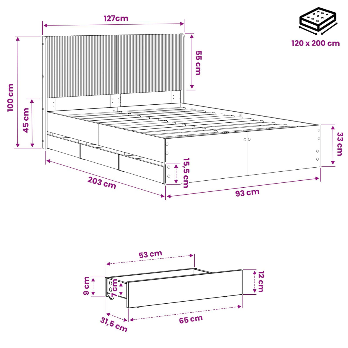 Bed Frame with Storage and Headboard Artisan Oak 120 x 200 cm