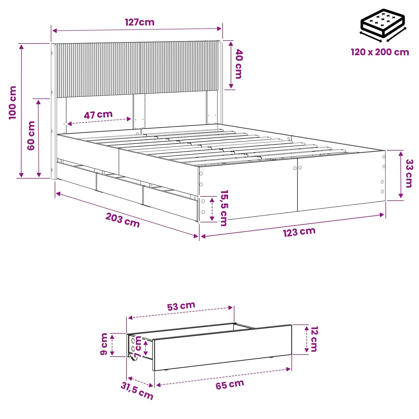 Bed Frame with Storage and Headboard Artisan Oak 120 x 200 cm