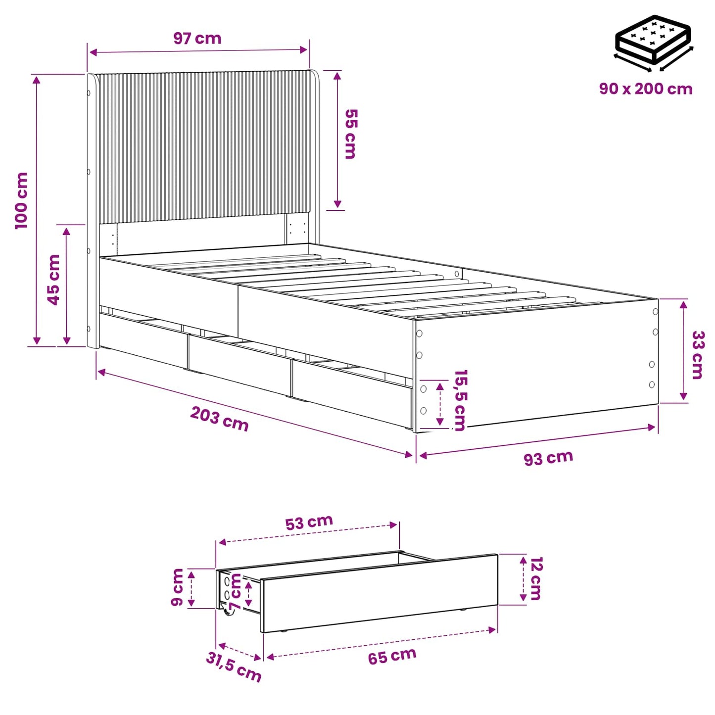 Bed Frame with Storage and Headboard Artisan Oak 90 x 200 cm
