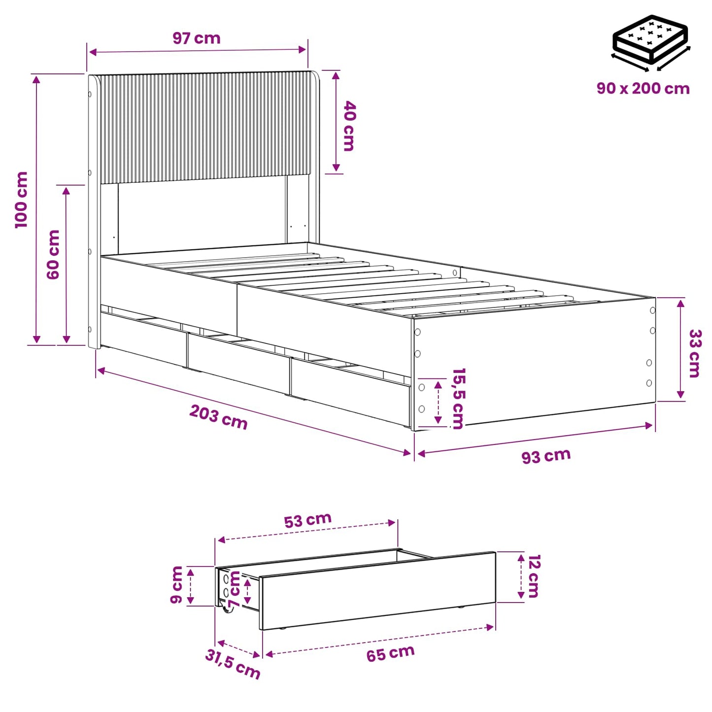 Bed Frame with Storage and Headboard Artisan Oak 90 x 200 cm