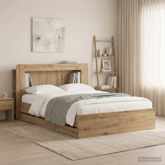 Bed Frame with Storage and Headboard Artisan Oak 140 x 190 cm