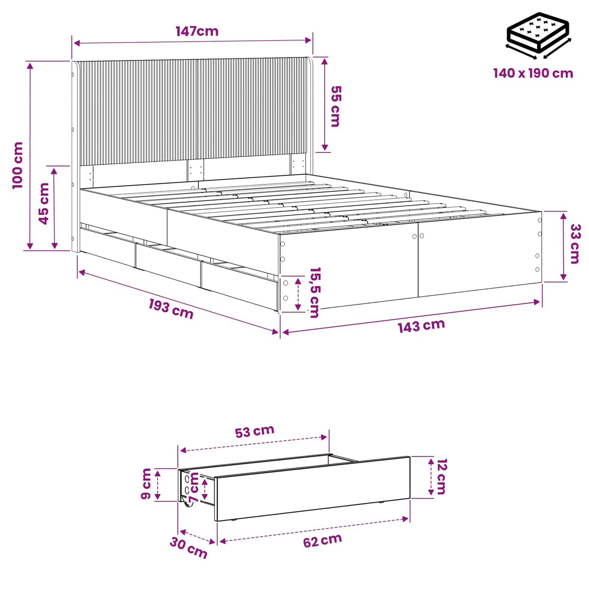 Bed Frame with Storage and Headboard Artisan Oak 140 x 190 cm