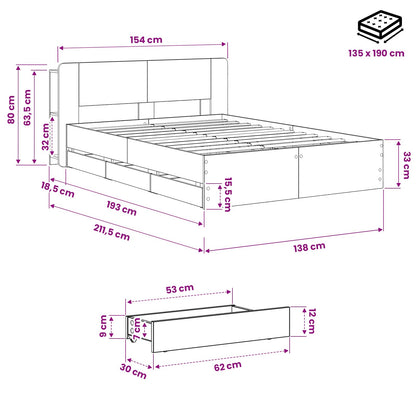 Bed Frame with Storage and Headboard Artisan Oak 135 x 190 cm