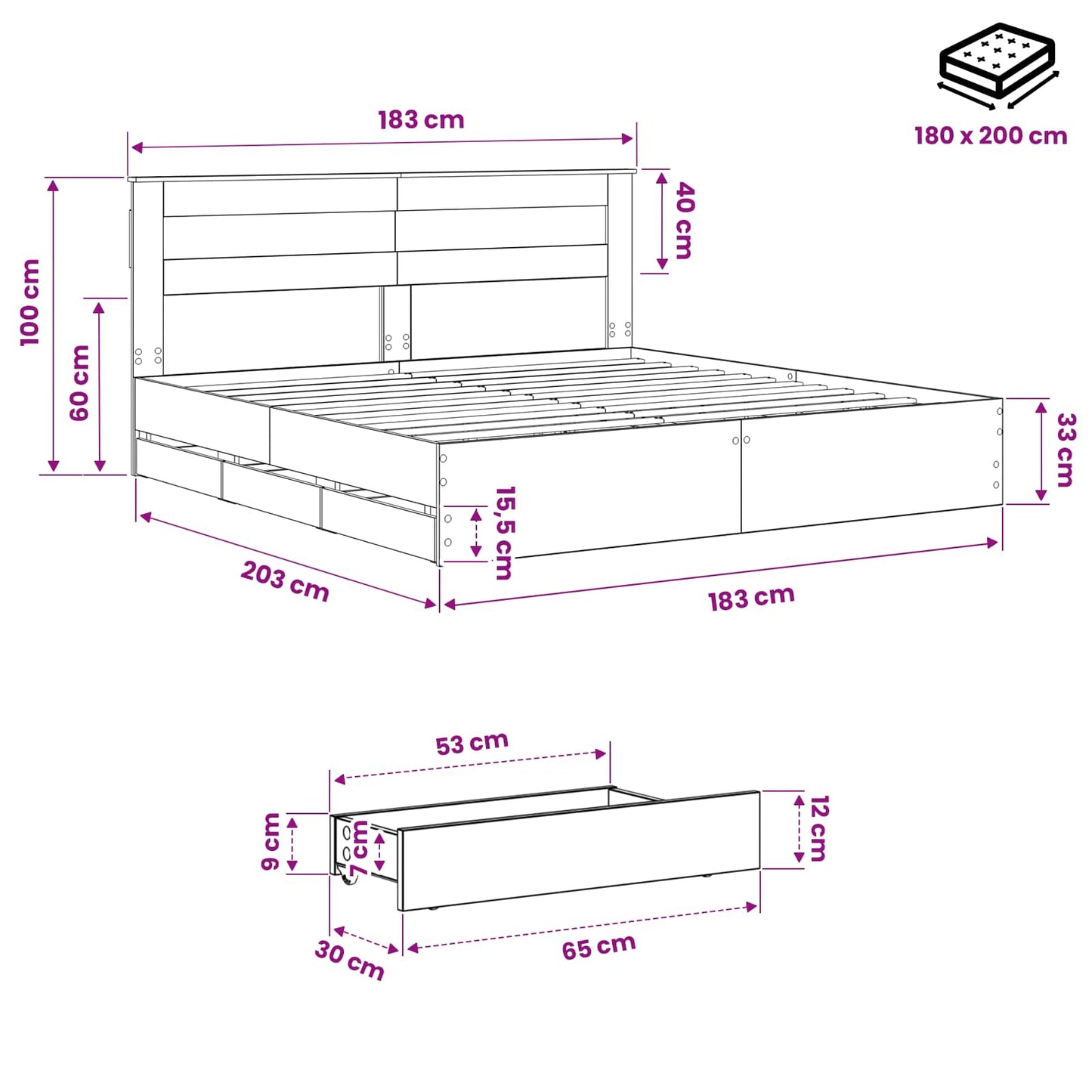 Bed Frame with Storage and Headboard Artisan Oak 180 x 200 cm