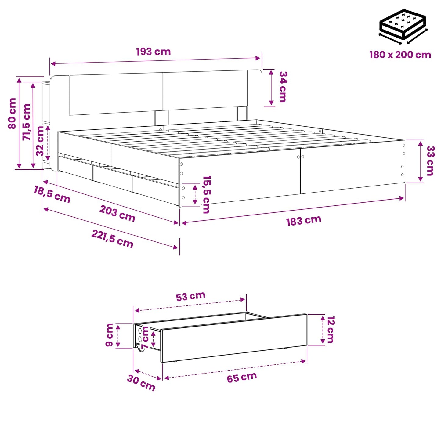 Bed Frame with Storage and Headboard Artisan Oak 180 x 200 cm