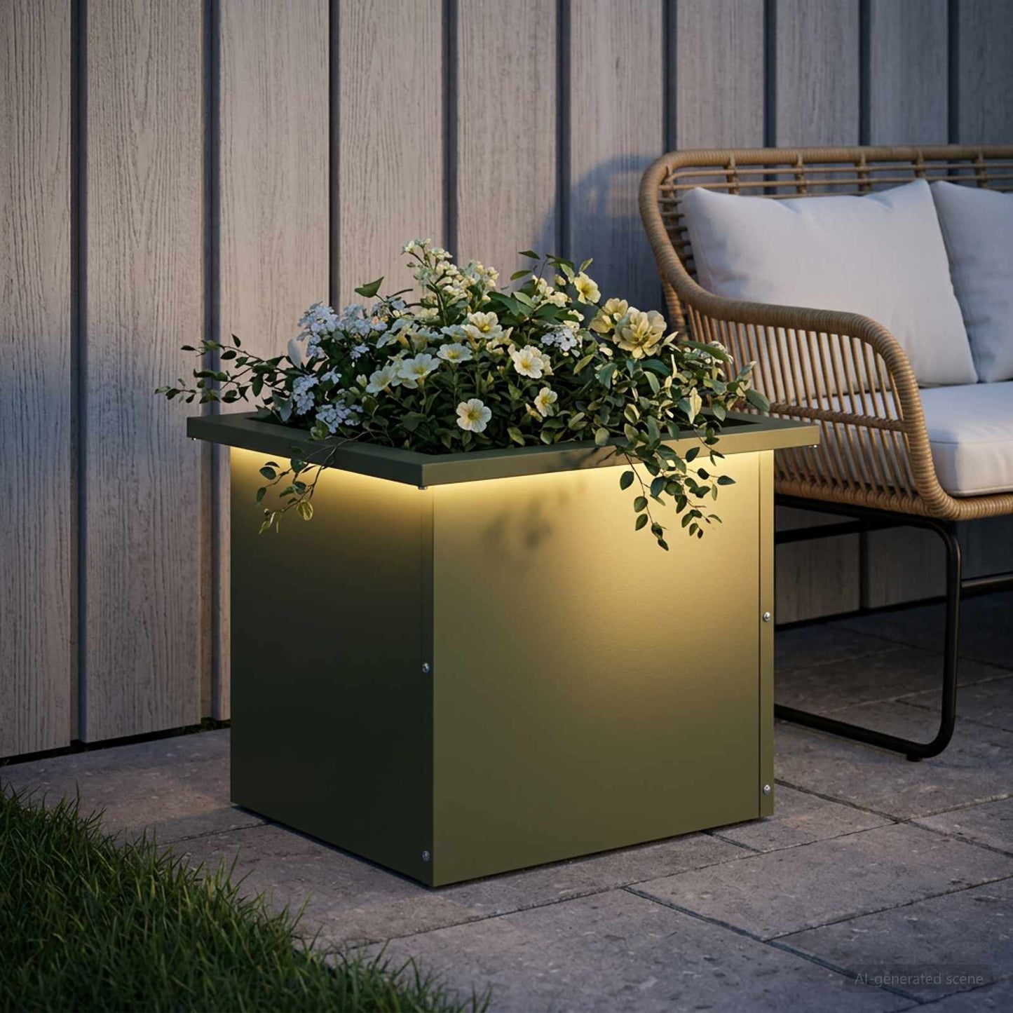 Garden Planter with LED Olive Green 30 x 40 x 30 cm Steel