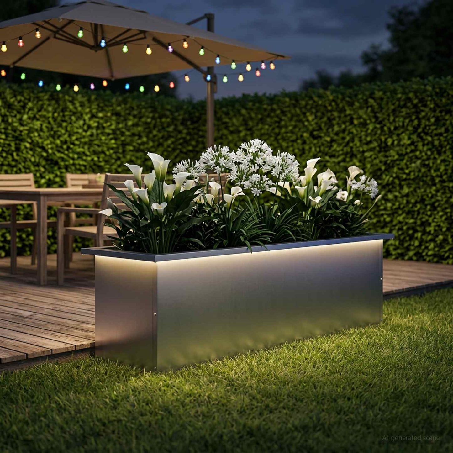 Garden Planter with LED Silver 30 x 100 x 30 cm