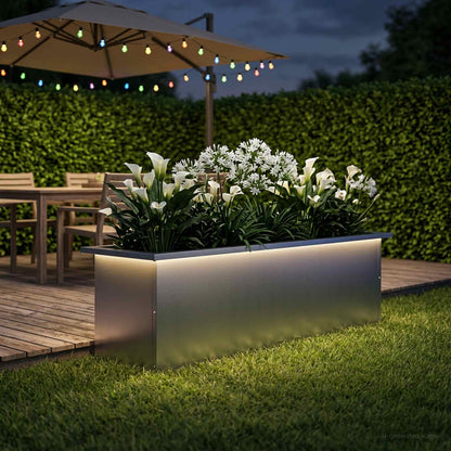 Garden Planter with LED Silver 30 x 100 x 30 cm