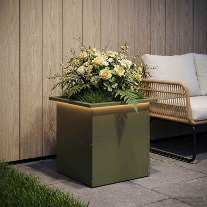 Garden Planter with LED Olive Green 40 x 40 x 40 cm Steel