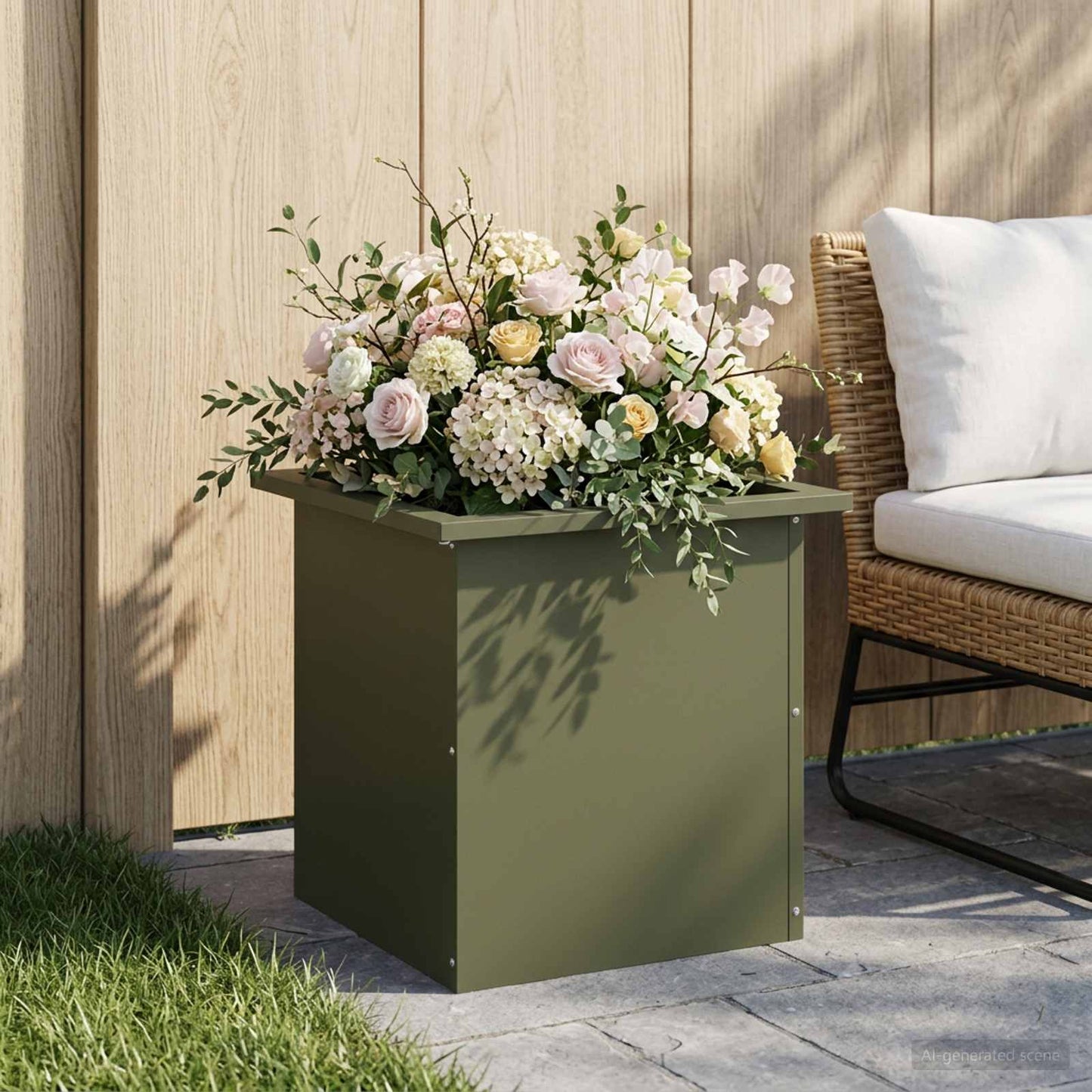 Garden Planter with LED Olive Green 40 x 40 x 40 cm Steel