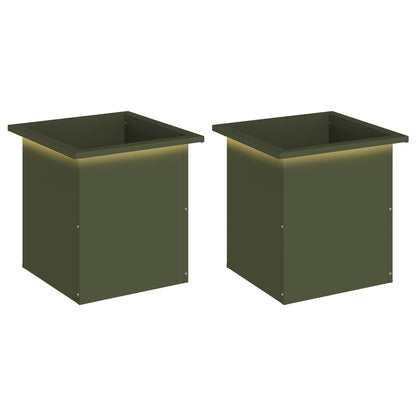 Garden Planter with LED 2 pcs Olive Green 40 x 40 x 40 cm Steel