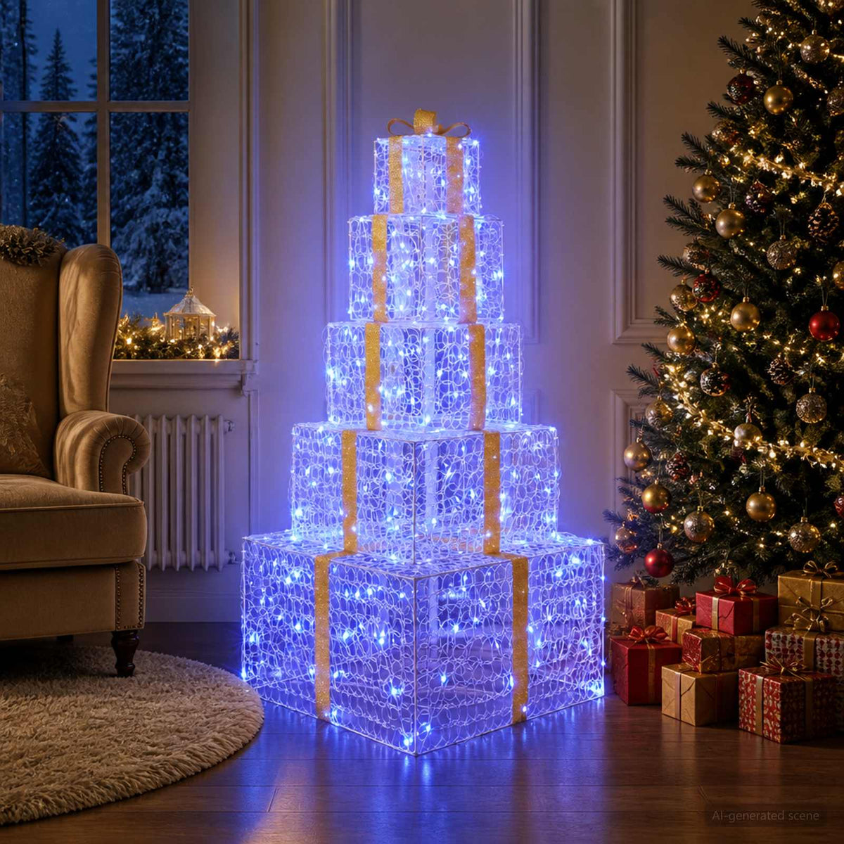 Christmas LED Gift Box Stack 250 LEDs Blue 56 x 56 x 120 cm