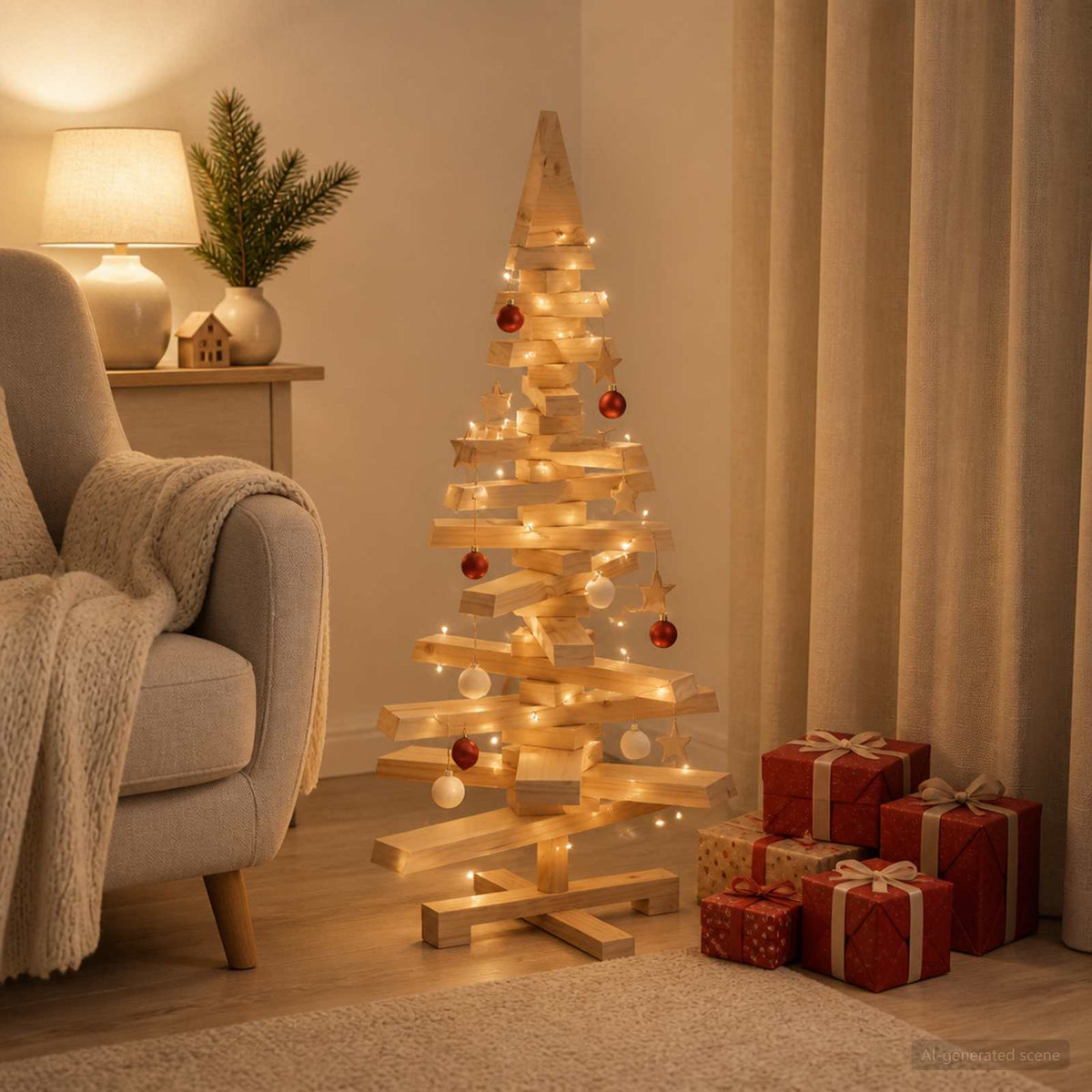 Wooden Christmas Tree KOTKA 90 cm Solid Pine Wood Brown Finish