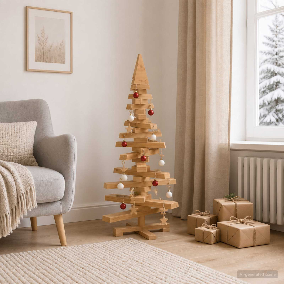 Wooden Christmas Tree KOTKA 90 cm Solid Pine Wood Brown Finish