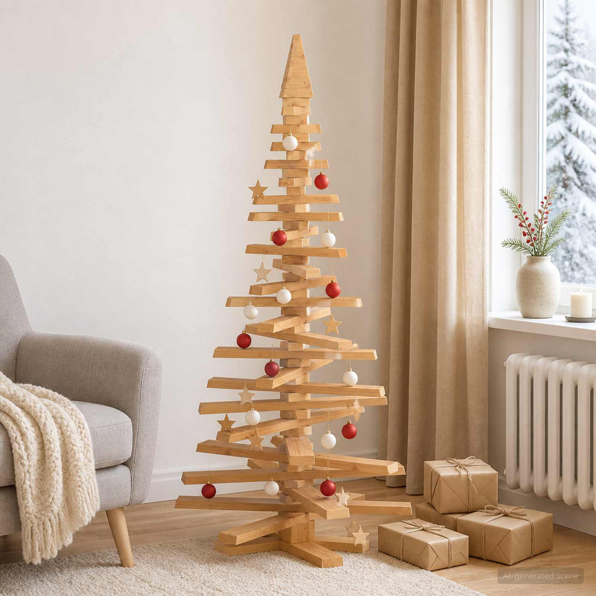 Wooden Christmas Tree KOTKA 150 cm Solid Pine Wood Brown Finish