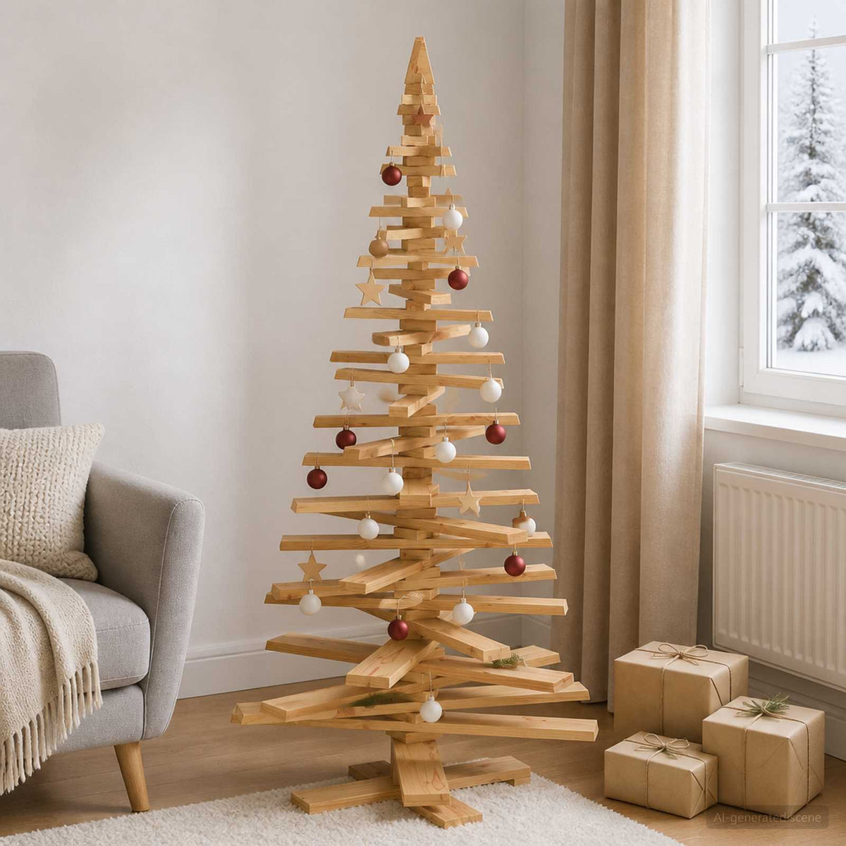 Wooden Christmas Tree KOTKA 180 cm Solid Pine Wood Brown Finish