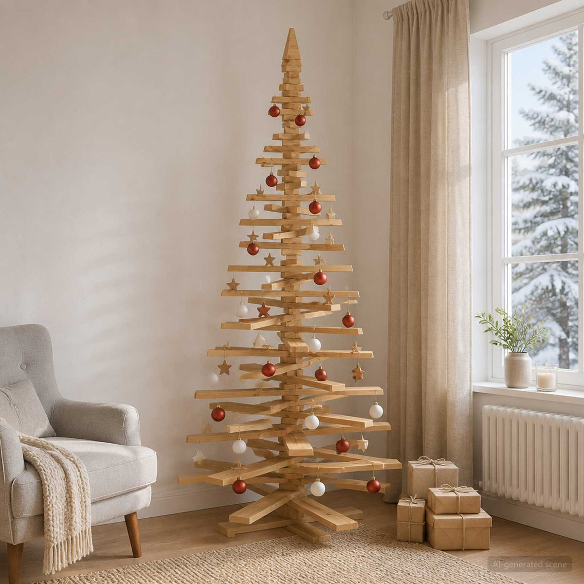 Wooden Christmas Tree KOTKA 210 cm Solid Pine Wood Brown Finish