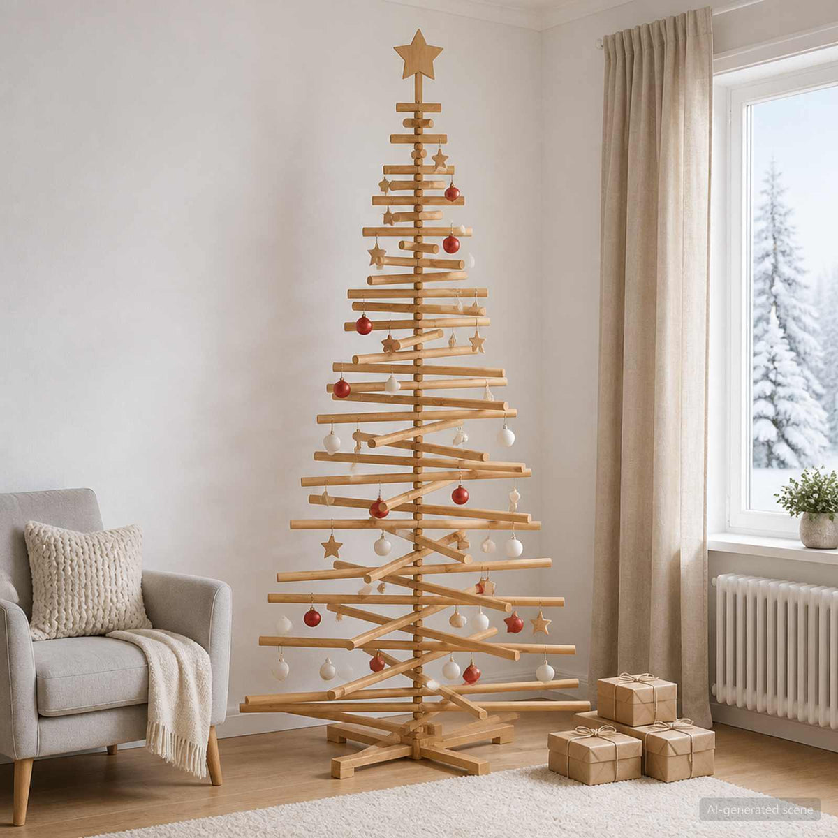 Wooden Christmas Tree KOTKA 210 cm Solid Pine Wood Brown Finish