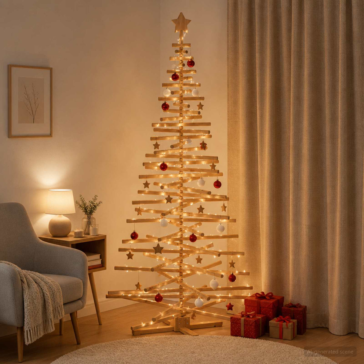 Wooden Christmas Tree KOTKA 210 cm Solid Pine Wood Brown Finish