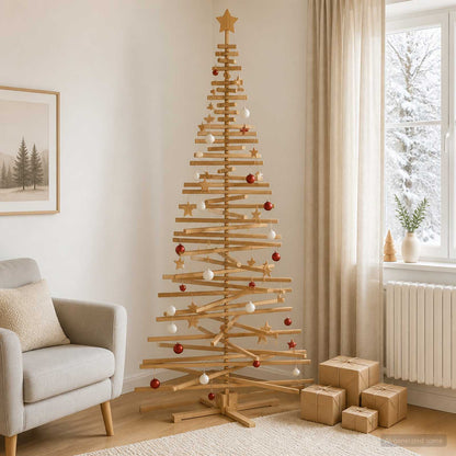 Wooden Christmas Tree KOTKA 240 cm Solid Pine Wood Brown Finish