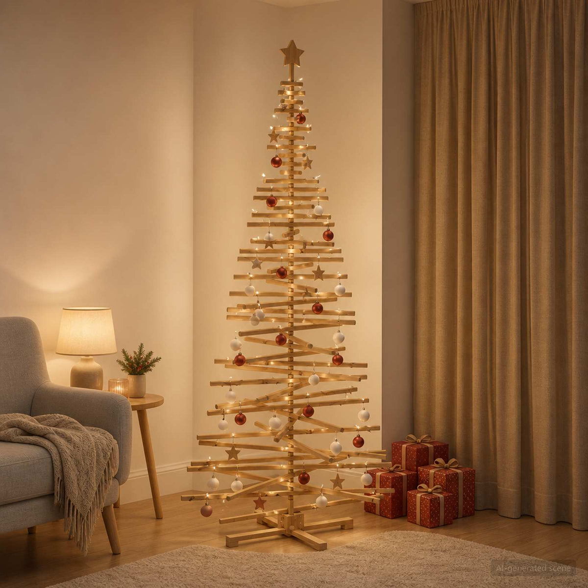 Wooden Christmas Tree KOTKA 240 cm Solid Pine Wood Brown Finish