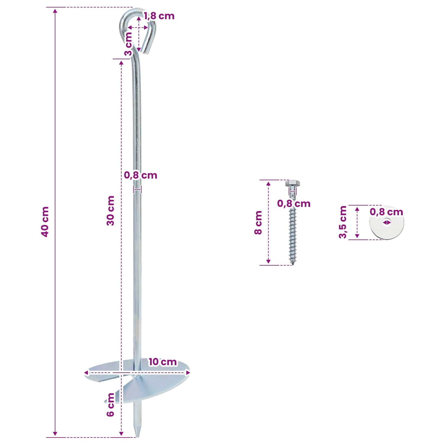 Earth anchor 4 pcs Ø10 x 40 cm Galvanized Metal Silver