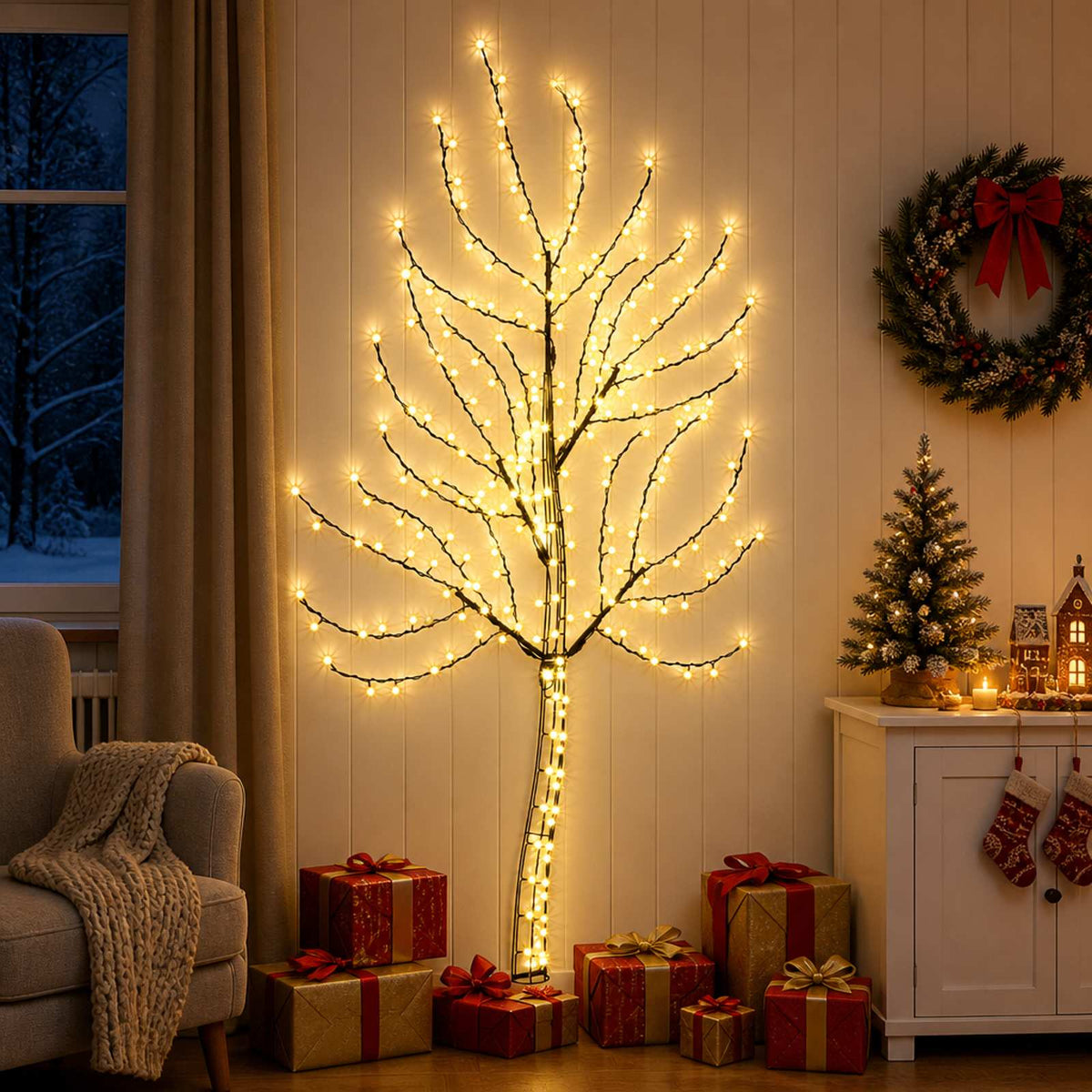 LED Wall Christmas Tree 180 cm 200 LEDs Warm White Steel Black