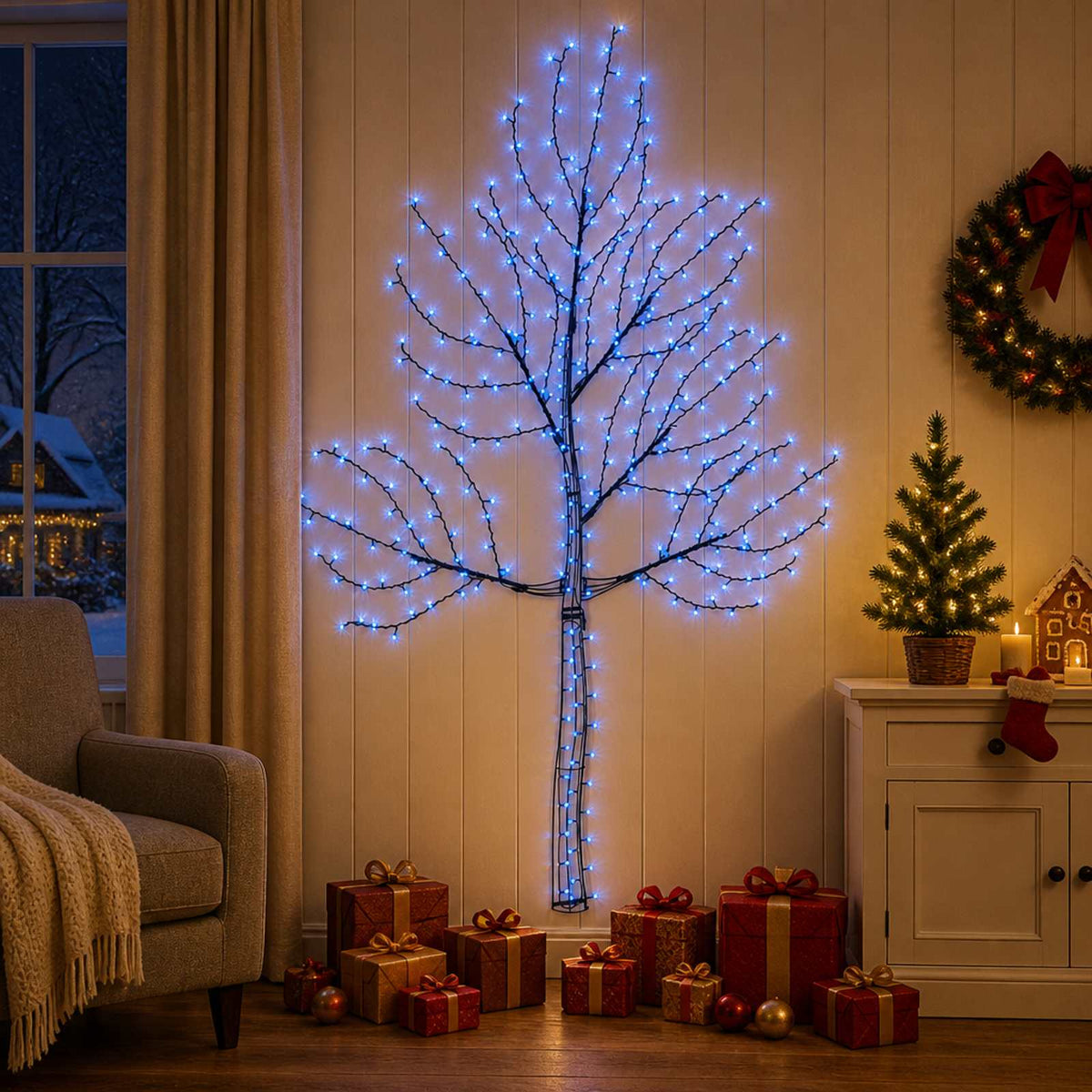 LED Wall Christmas Tree 210 cm 312 LEDs Blue Steel Black