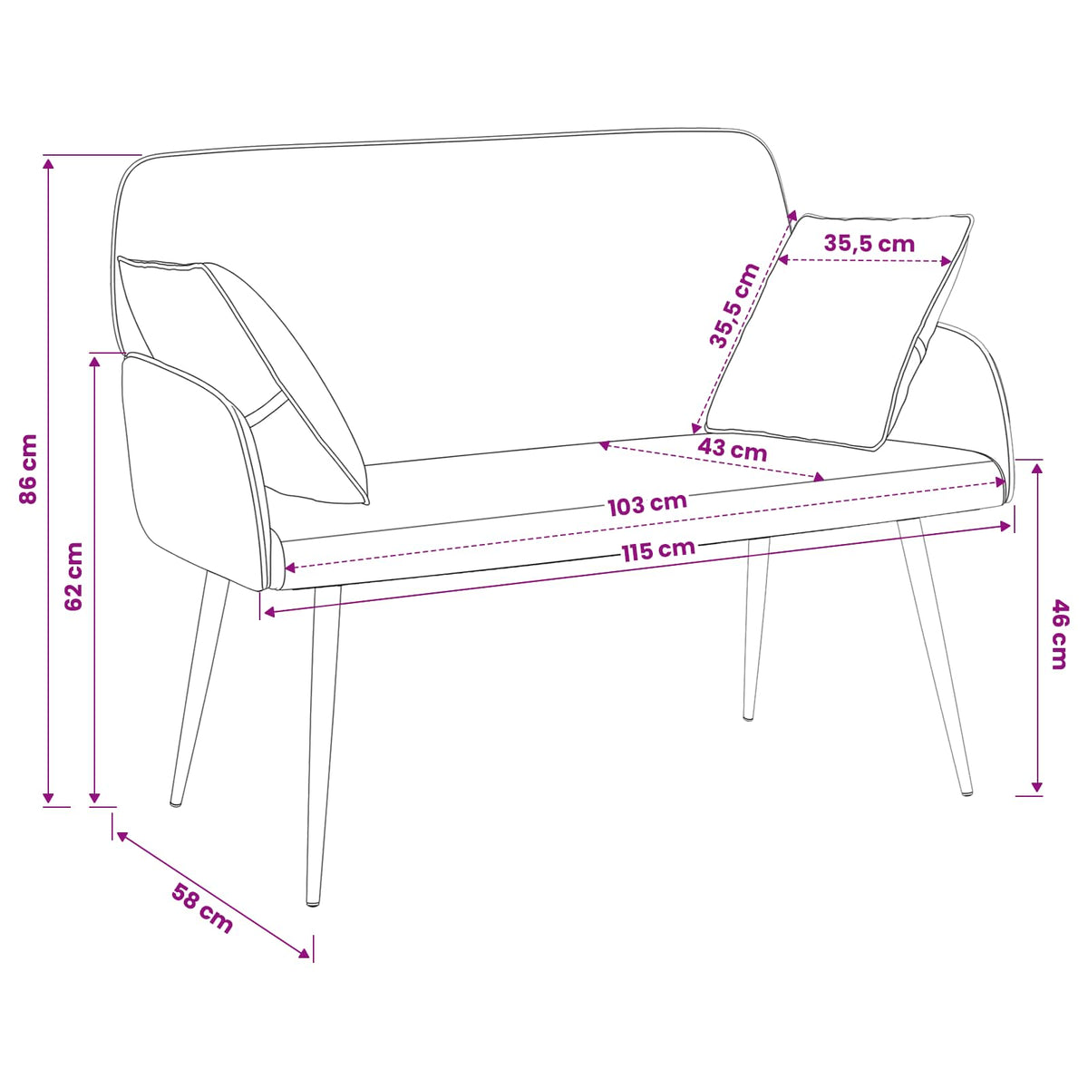 2 Seater Sofa with Metal Legs 2-Seater Pink Faux Leather