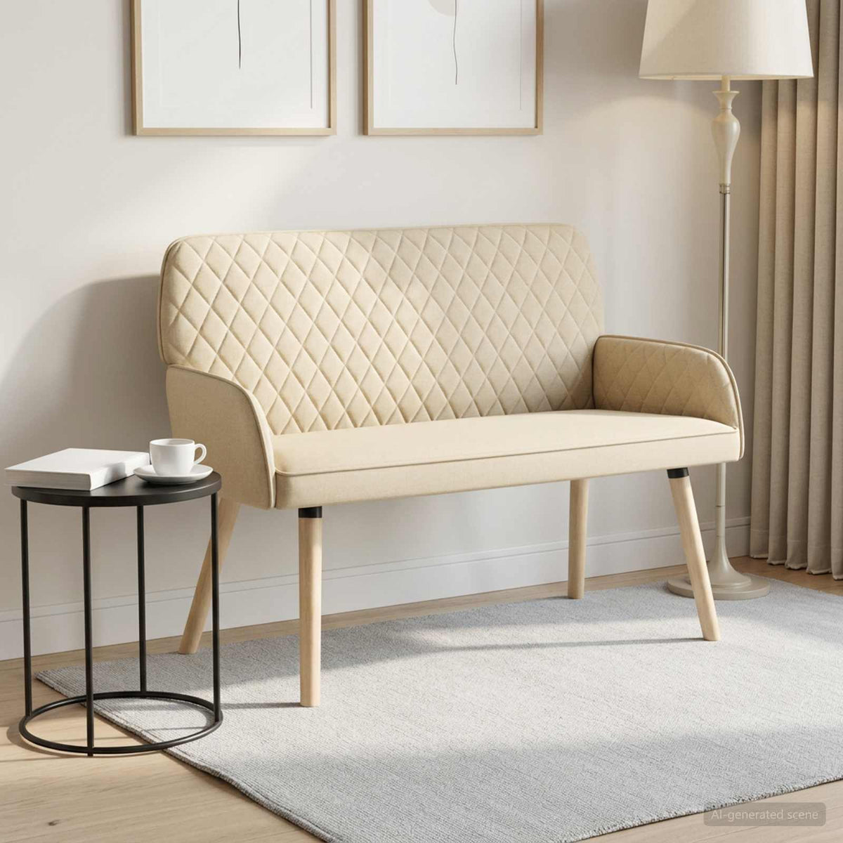 2 Seater Sofa with Solid Wood Legs 2-Seater Cream Linen Fabric