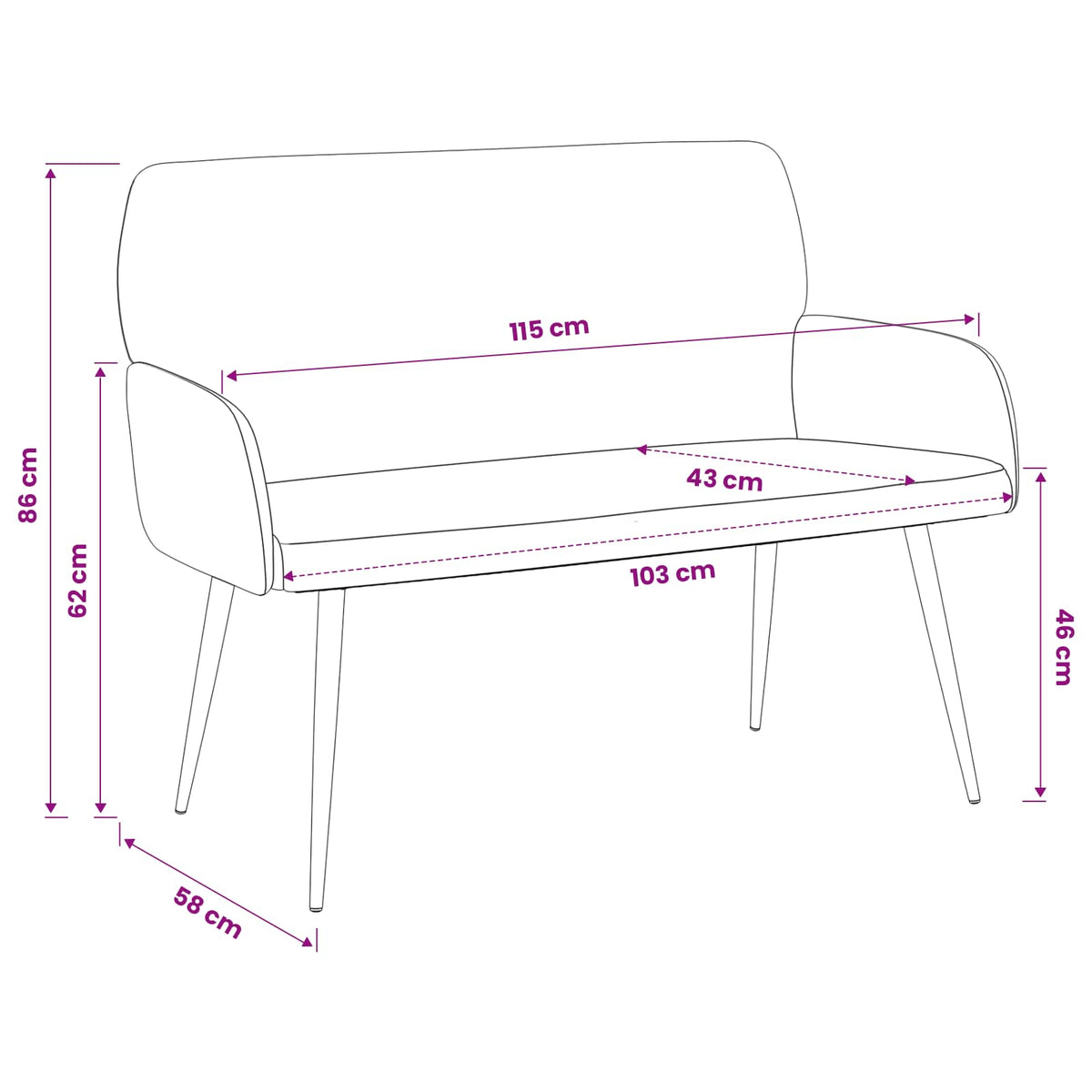 2 Seater Sofa with Metal Legs 2-Seater Dark Grey