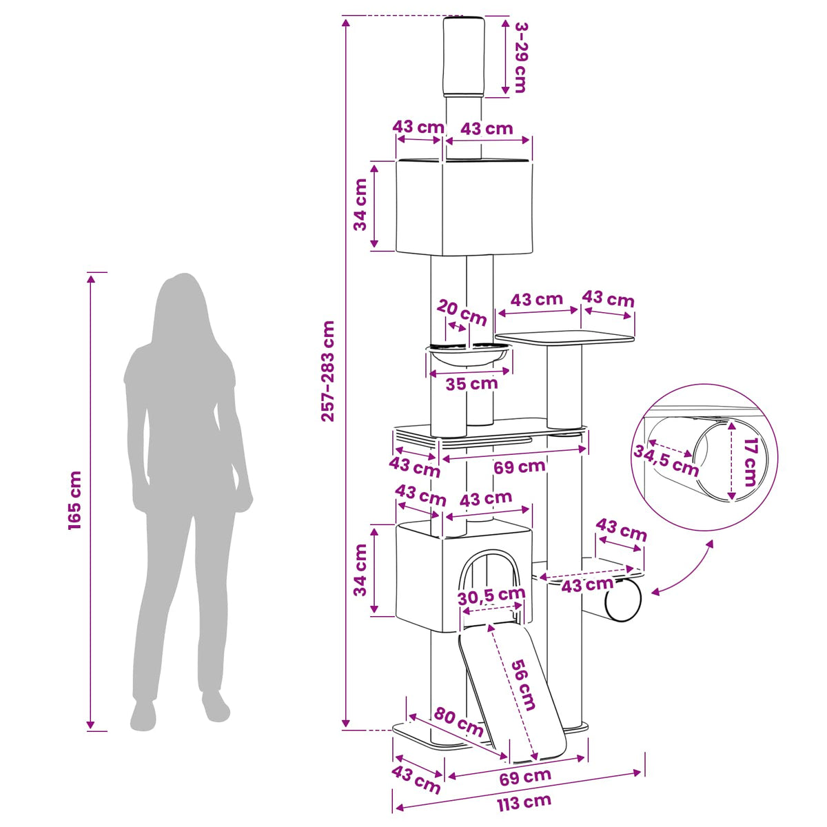 Floor-to-Ceiling Cat Tree with Sisal Post Light Grey 257-283 cm