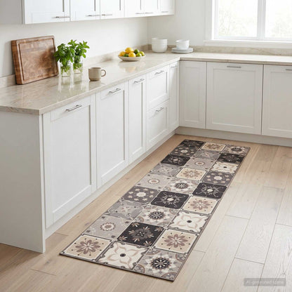 Kitchen Rug Grey and Beige Mosaic 300 x 60 cm 100% Polyamide