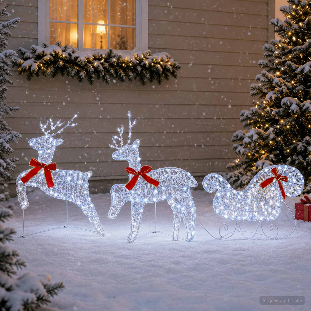 Christmas Reindeer with Sleigh 3 pcs 60 LEDs Cold White