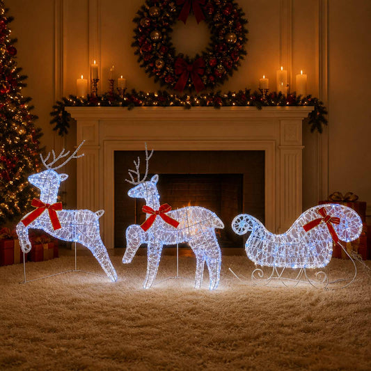 Christmas Reindeer with Sleigh 3 pcs 60 LEDs Blue