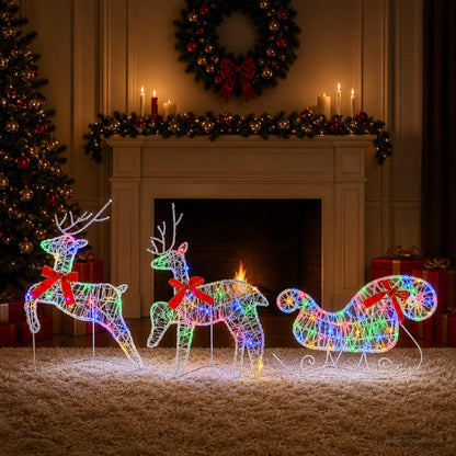Christmas Reindeer with Sleigh 3 pcs 60 LEDs Multicolour
