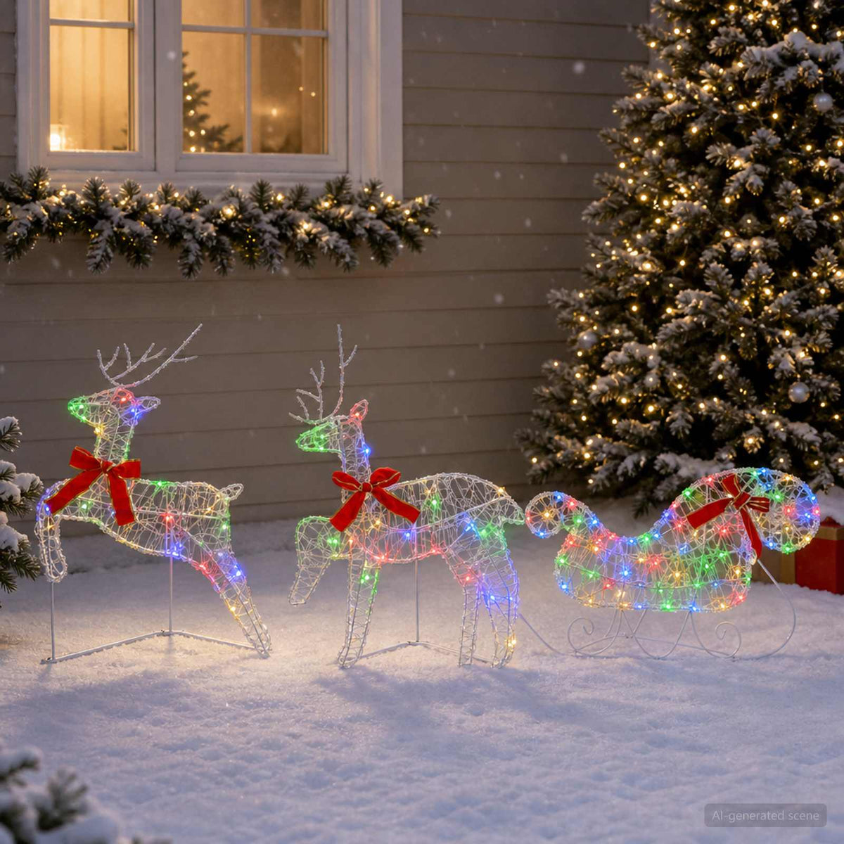 Christmas Reindeer with Sleigh 3 pcs 60 LEDs Multicolour
