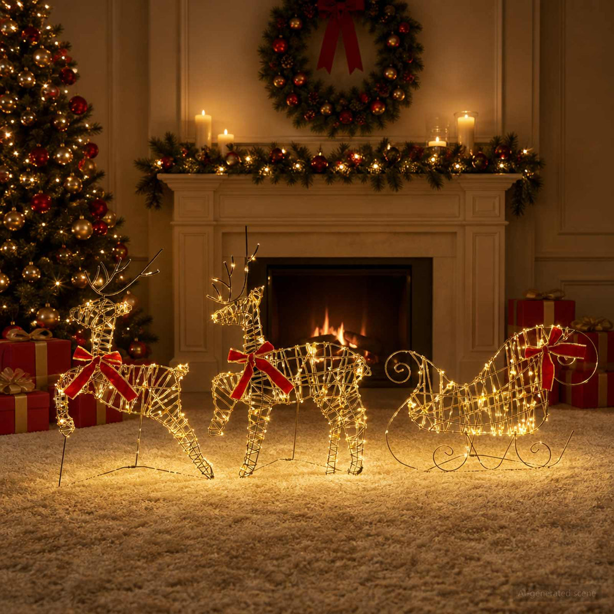 Christmas Reindeer with sleigh 3 pcs 60 LEDs Warm White