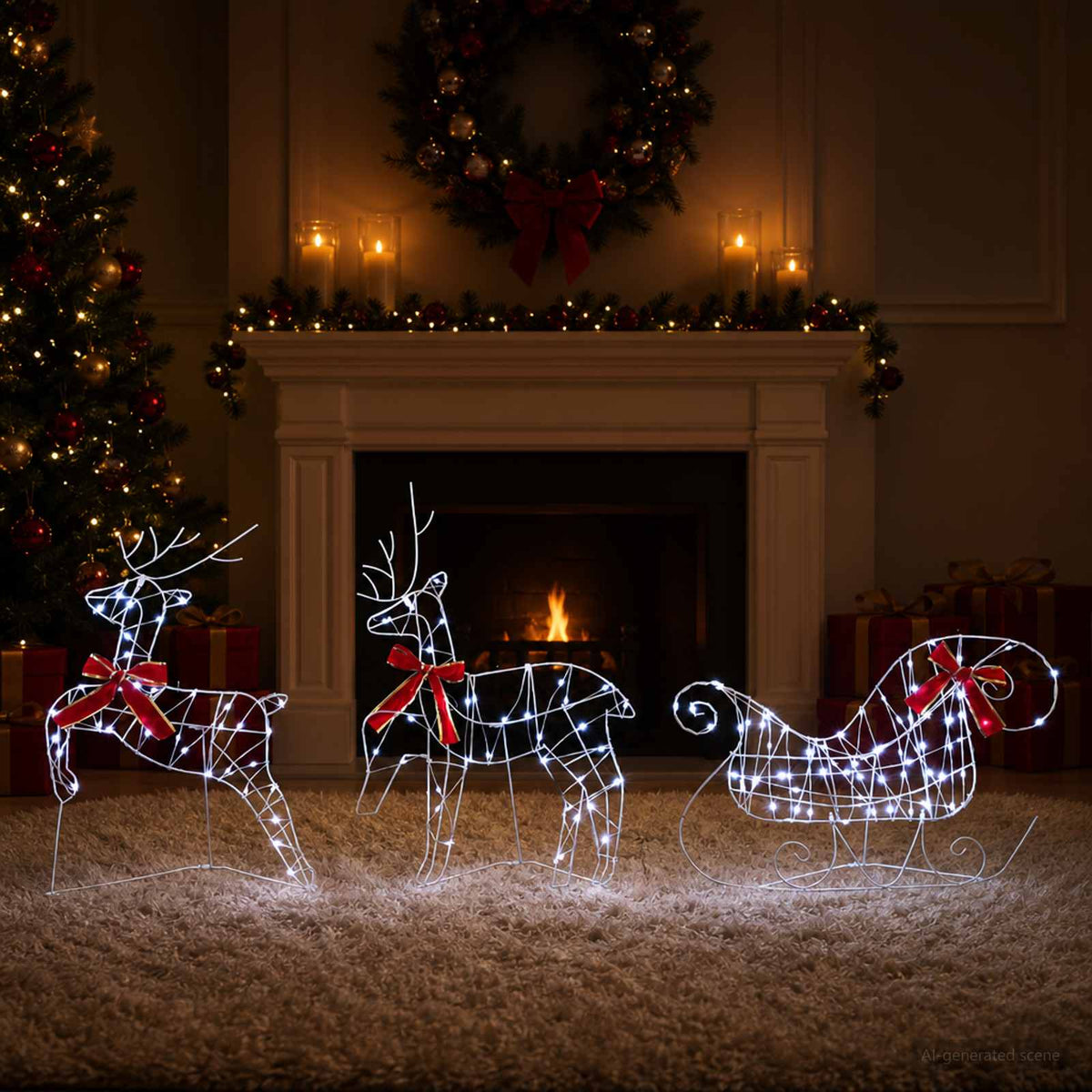 Christmas Reindeer with sleigh 3 pcs 140 LEDs Cold White