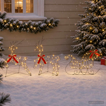 Christmas Reindeer with sleigh 3 pcs 140 LEDs Warm White