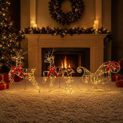 Christmas Reindeer with sleigh 3 pcs 140 LEDs Warm White