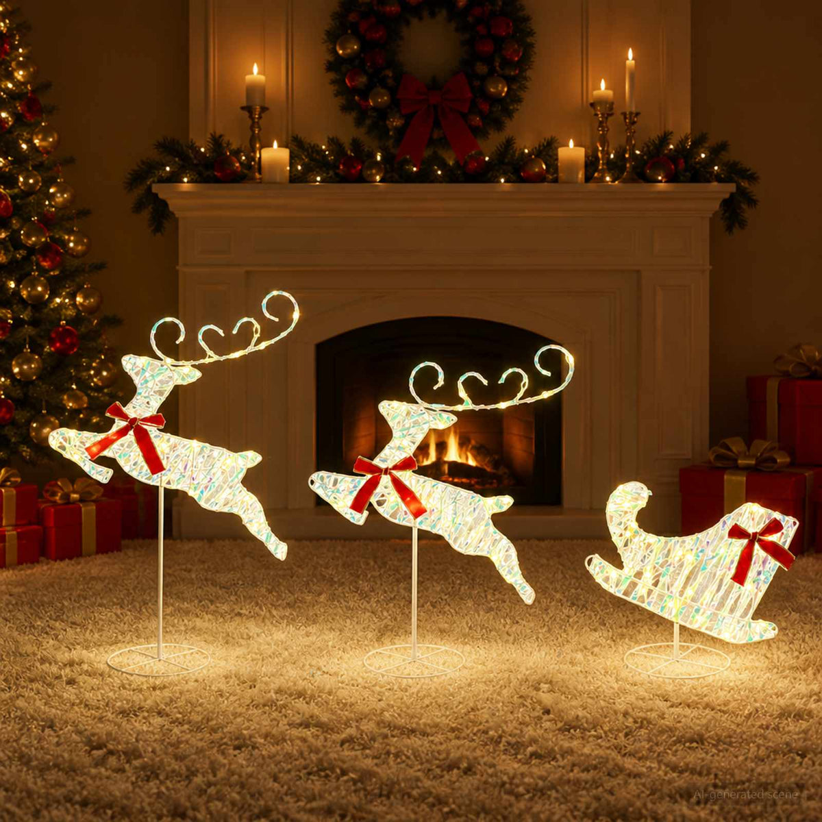 Christmas Reindeer with Sleigh 3 pcs 72 LEDs Warm White