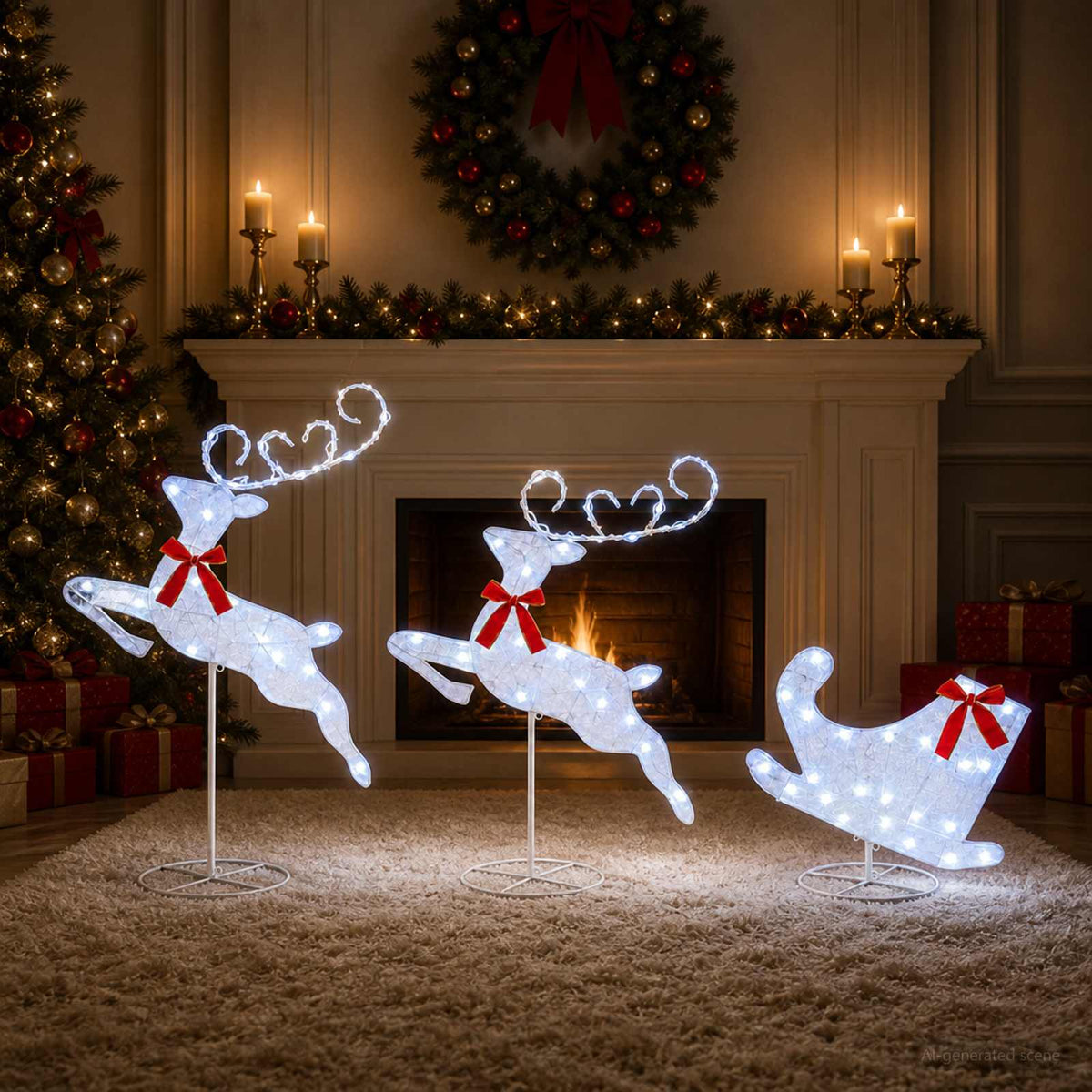 Christmas Reindeer with Sleigh 3 pcs 72 LEDs Cold White